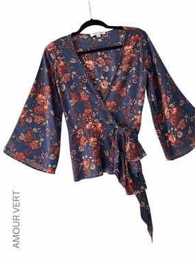 AMOUR VERT FLORAL WRAP TOP PURE SILK NAVY BLUE LONG BELL SLEEVES WAIST TIES XS